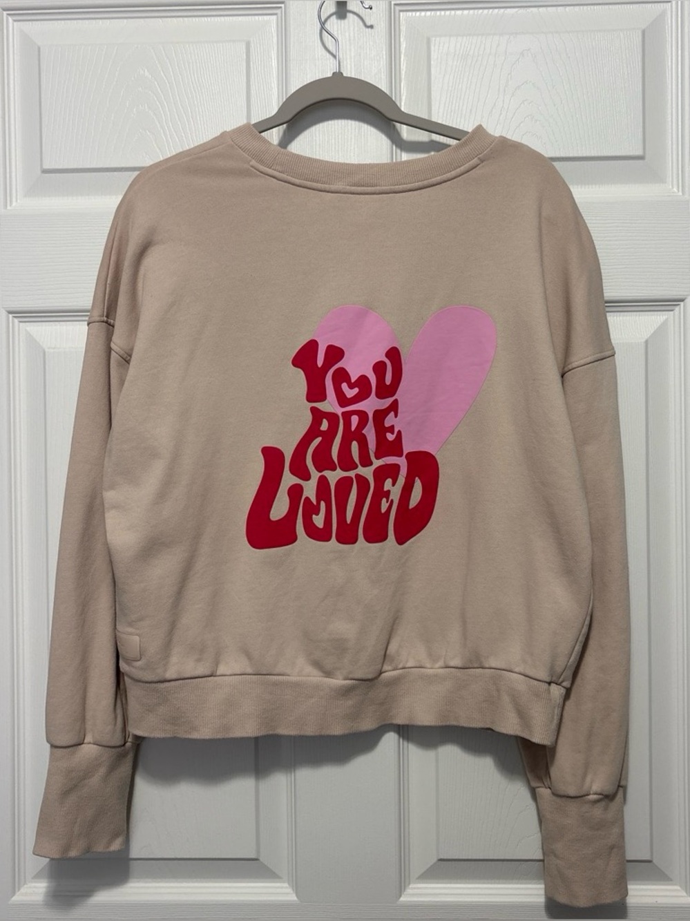 JoyLab Beige Crewneck Sweatshirt with Pink Heart and Red 'You Are Loved' Graphic
